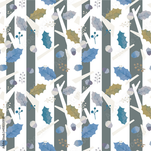 Seamless winter pattern with forest trees, acorn and snowflakes