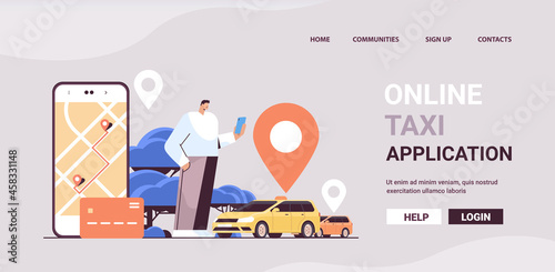 man ordering automobile with location mark in mobile app online taxi app transportation service concept