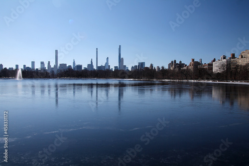 Midtown Manhattan below the iconic reservoir in winter in New York City