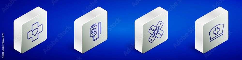 Set Isometric line Heart with a cross, IV bag, Crossed bandage plaster and Nurse hat icon. Vector Set Isometric line Heart with a cross, IV bag, Crossed bandage plaster and Nurse hat icon. Vector