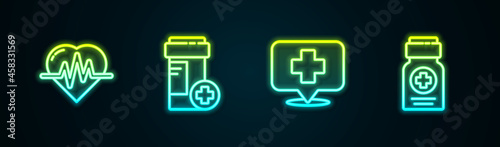 Set line Heart rate, Medicine bottle, Map pointer with cross hospital and . Glowing neon icon. Vector