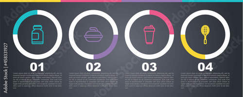 Set line Sports nutrition, Stone for curling sport game, Fitness shaker and Tennis racket. Business infographic template. Vector