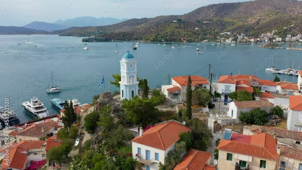 Aerial view of Poros old town and marina or seaport, Greece - drone videography Aerial view of Poros old town and marina or seaport, Greece - drone videography