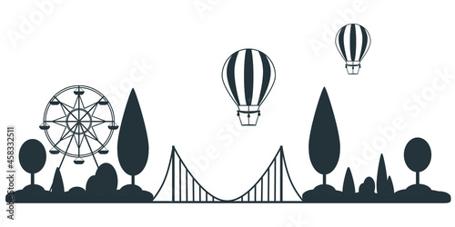 Black silhouette of the park with trees, ferris wheel, bridge. Black and white vector illustration, banner for design