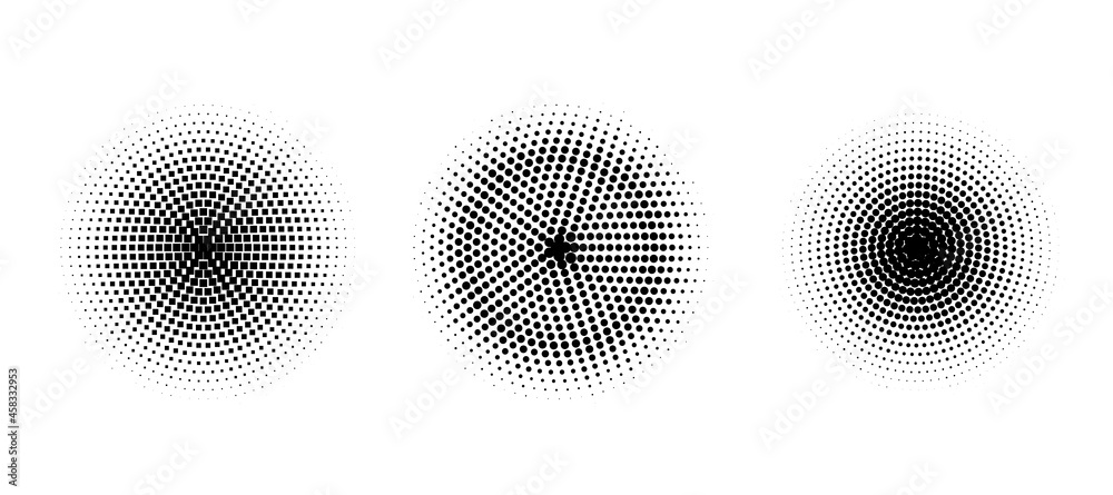 Set of vector halftone circles with dots. Pattern design elements gradient.