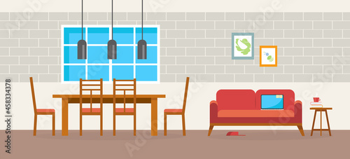 Living room and dining room with furniture. Flat style vector illustration.