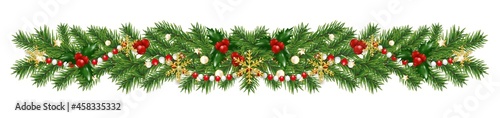 Christmas border decorations garland with fir branches, golden snowflakes, holly berries and beads. Design element for Xmas or New Year on white background. Vector