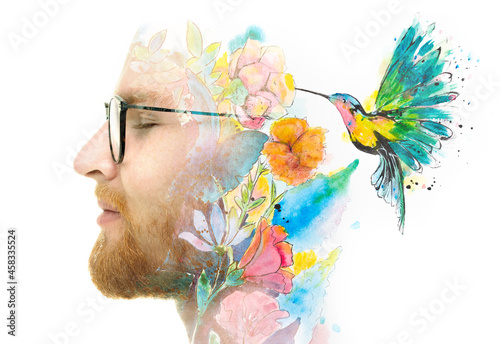 Foto A portrait of a man combined with a painting in a double exposure technique