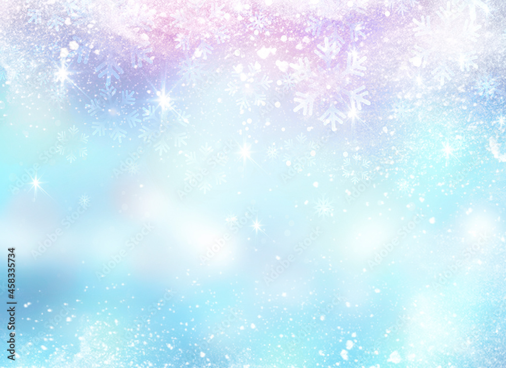 Fototapeta premium Winter frost texture. Christmas blue bokeh. New year texture. Snowy background.