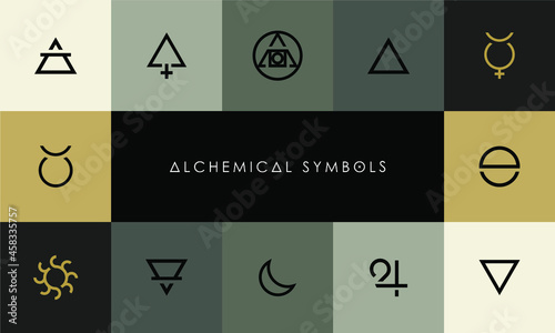 Alchemy symbols icon/logo  isolated on black background. Abstract Triangle. Magic vector decorative elements. geometric shapes icon set. Pictograph. Alchemical symbols. photo