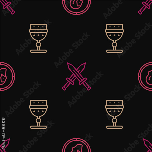 Set line Ancient coin, Medieval goblet and Crossed medieval sword on seamless pattern. Vector