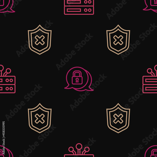 Set line Server, Data, Web Hosting, Shield with cross mark and Cyber security on seamless pattern. Vector
