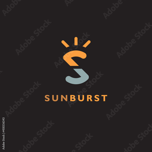 Initial Letter S Logo. Sun Burst Logo with Letter S Isolated on Black Background. Flat Design vector Illustration.