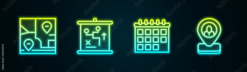 Set line Folded map with location, Planning strategy concept, Calendar and Worker. Glowing neon icon. Vector