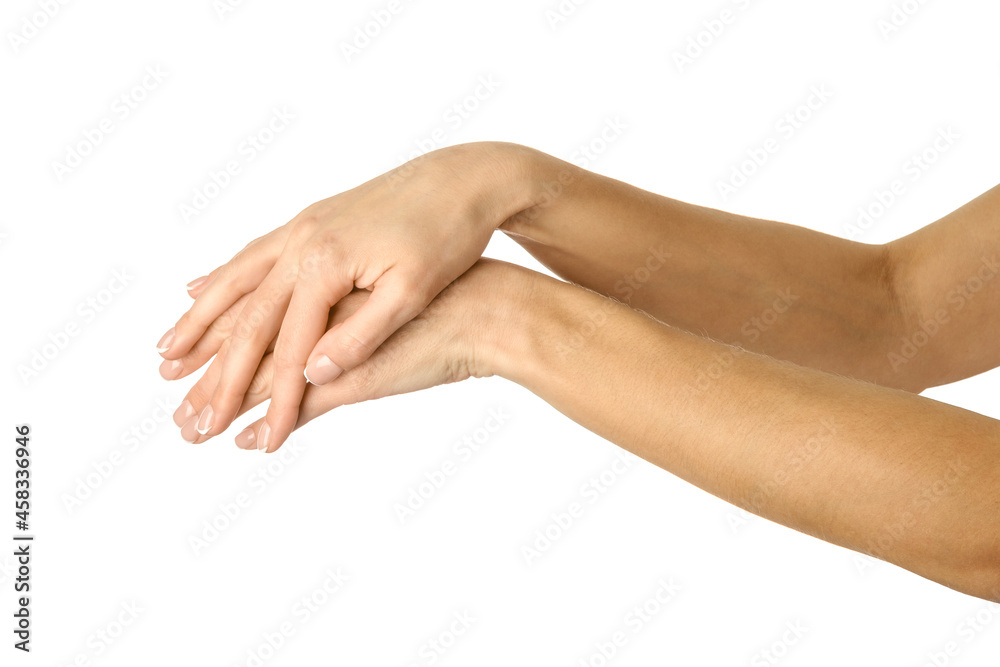 Applying cream, massaging, washing hands. Woman hand gesturing isolated on white