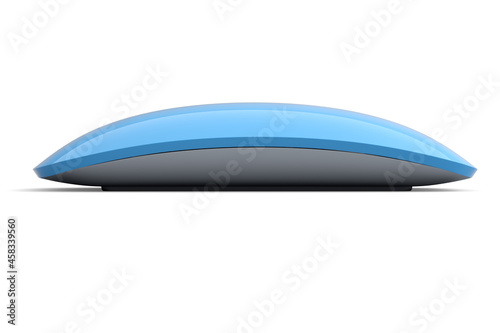 Realistic blue wireless computer mouse with touch isolated on white background.