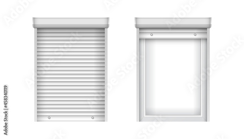 White single plastic windows with blinds. Closed and open jalousie for PVC windows. Realistic window mockup for interior decoration design.