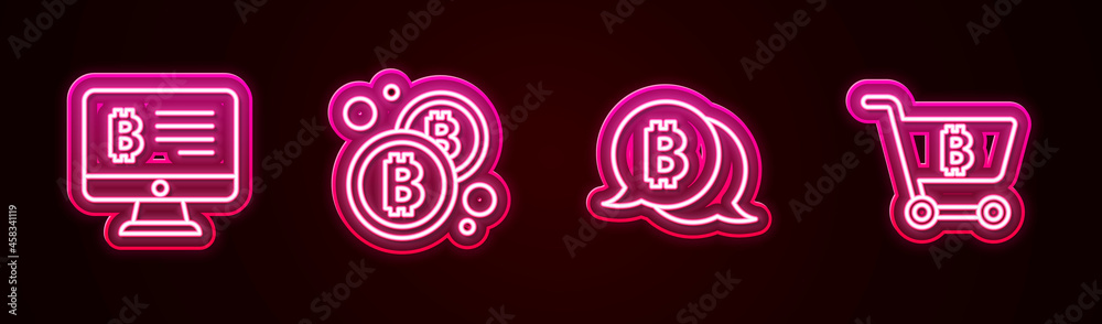 Set line Mining bitcoin from monitor, Bitcoin, and Shopping cart with. Glowing neon icon. Vector Set line Mining bitcoin from monitor, Bitcoin, and Shopping cart with. Glowing neon icon. Vector