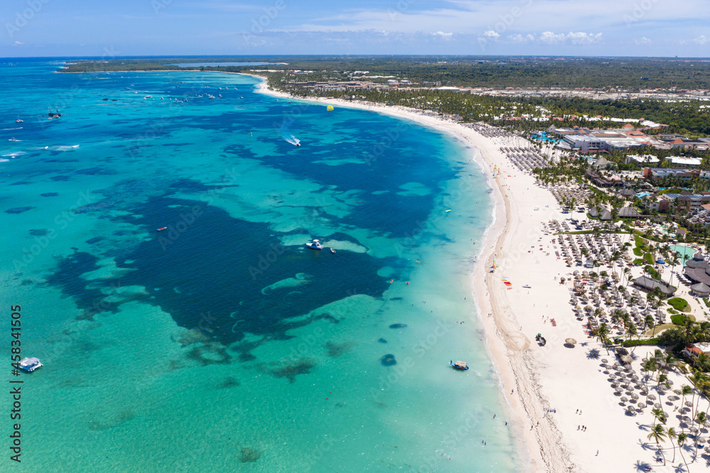 Aerial view from drone on caribbean beach of Atlantic ocean with luxury resorts, travel destination