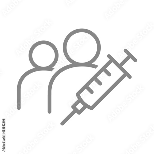 Medical syringe and people line icon. Vaccination of the population, medical staff, immunization symbol