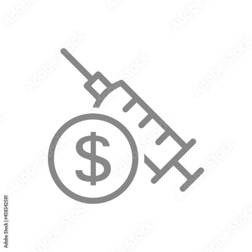 Medical syringe and coin, money line icon. Vaccination, medical service fees, paid injection, worldwide immunity symbol
