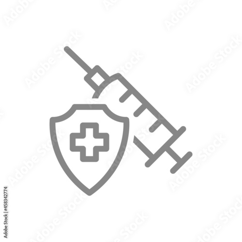 Medical syringe and shield with cross line icon. Vaccination of the population, preventive measures, immunization symbol