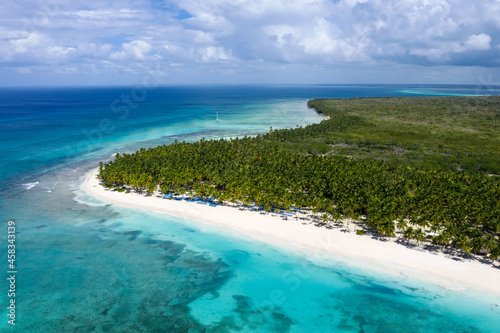Fototapeta Naklejka Na Ścianę i Meble -  Saona island with coconut palm trees and turquoise caribbean sea. Dominican Republic. Aerial view