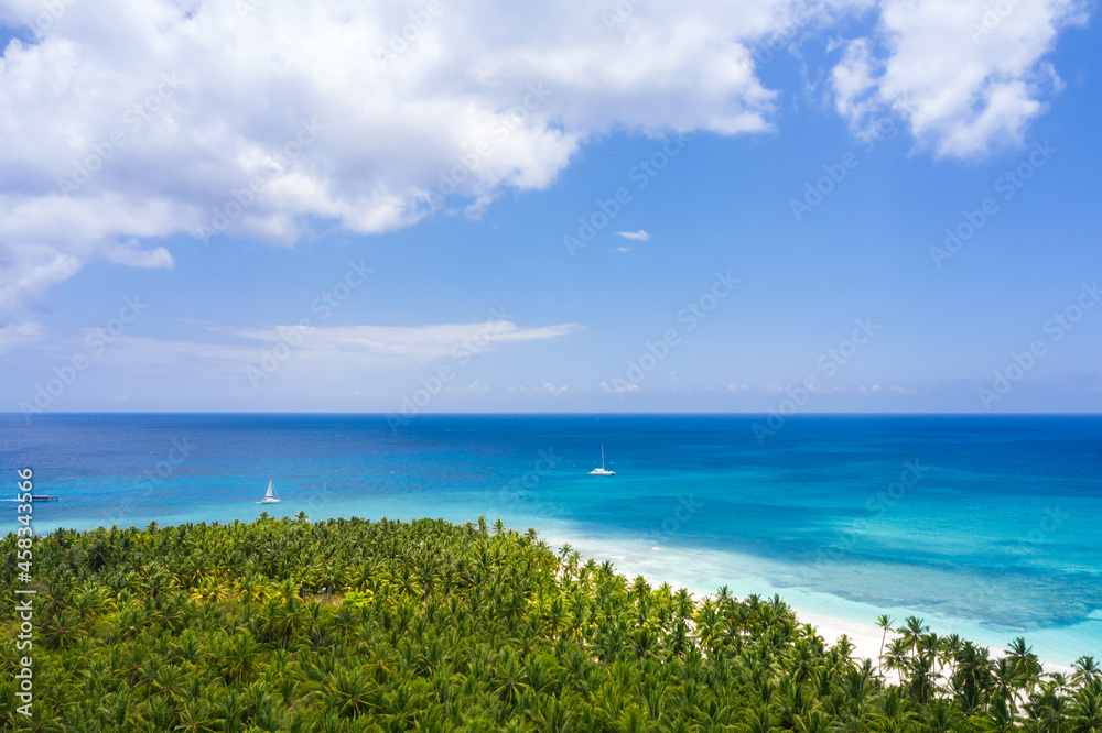 Tropical island with coconut palm trees and speed boats floating in caribbean sea.. Saona Island. Dominican Republic. Aerial view Tropical island with coconut palm trees and speed boats floating in caribbean sea.. Saona Island. Dominican Republic. Aerial view
