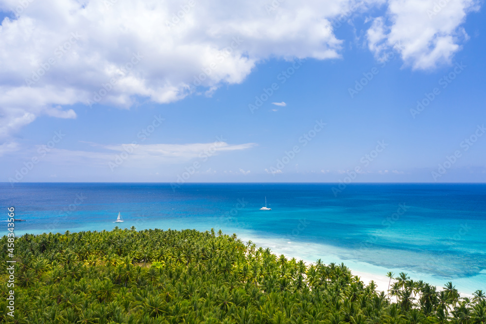 Tropical island with coconut palm trees and speed boats floating in caribbean sea.. Saona Island. Dominican Republic. Aerial view