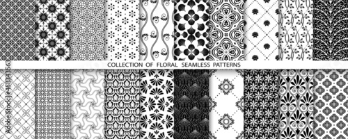 Geometric floral set of seamless patterns. Black and white vector backgrounds. Simple illustrations