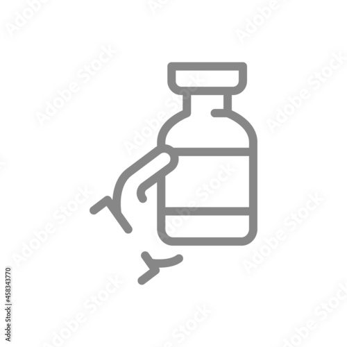Medical ampoule in hand line icon. Vaccination, preventive measures, vaccine, serum symbol