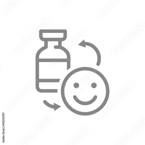 Medical ampoule and happy face line icon. Vaccination, consequences of vaccination, positive feedback symbol