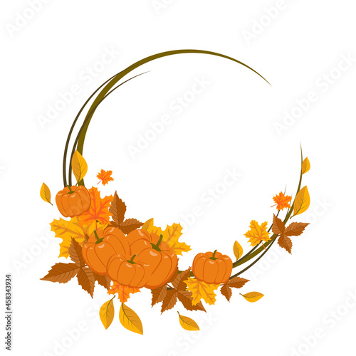Round frame with orange and yellow maple leaves and pumpkins. Bright autumn wreath with gifts of nature and branches with empty space for text