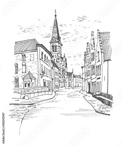 Travel sketch of Bruges, Belgium. Historical building, houses line art. Freehand drawing. Hand drawn travel postcard. Hand drawing of Bruges. Urban sketch in black color isolated on white background.