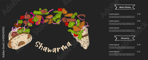 Shawarma cooking and ingredients for kebab. Doner kebab hand drawn. Fast food menu design elements. Restaurant cafe menu, template design. Food flyer. Vector.