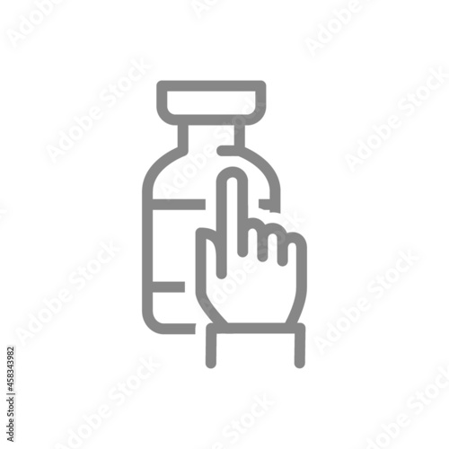 Medical ampoule and hand line icon. Vaccination, immunization, serum, vaccine, vaccine evaluation symbol