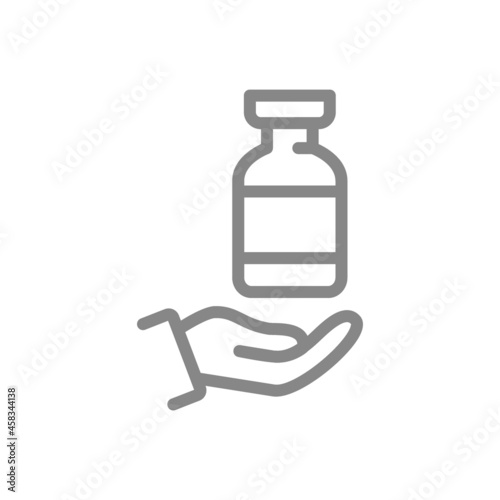 Medical ampoule on hand line icon. Vaccination, immunization, collective immunity, vaccine, serum symbol