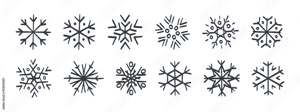 Snowflakes icons. Set of hand-drawn snowflakes. Snowflakes of different styles and shapes. Vector illustration