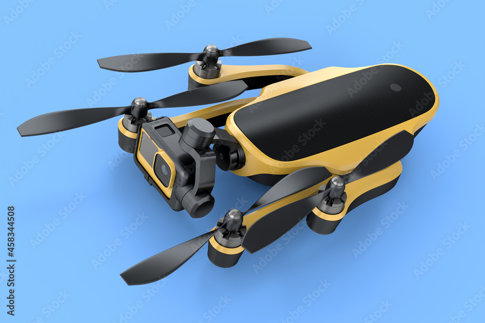 Flying photo and video drone or quad copter with action camera isolated on blue Flying photo and video drone or quad copter with action camera isolated on blue