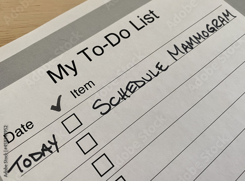 Printed to-do list with checkboxes and single task - schedule mammogram photo