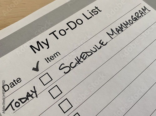 Printed to-do list with checkboxes and single task - schedule mammogram
