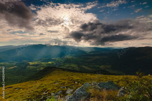 Rays of the sun on a mountain valley. Ukraine Eastern Bieszczady Carpathians.