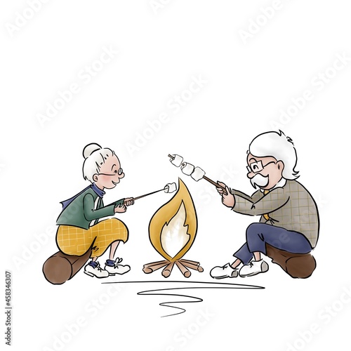 Grandmother and grandfather roasting marshmallows on the fire. Weekends in the forest. Outdoor activities. Happy grandparents. World senior citizen’s day. Active lifestyle