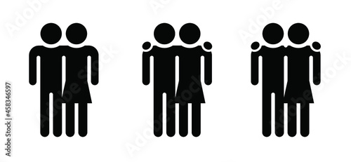 Friendship or best friend symbol. Man and woman or husband and wife. Silhouette stickman icon or pictogram. Flat vector friends stick figure. Two people sign. For ever or 4ever. Symbol or logo