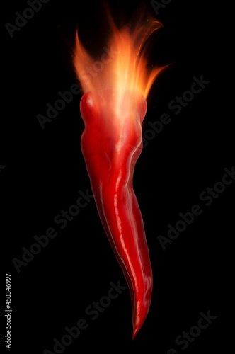 Hot red chili pepper with fire. Concept fiery food. Produce a burning sensation when tasted.