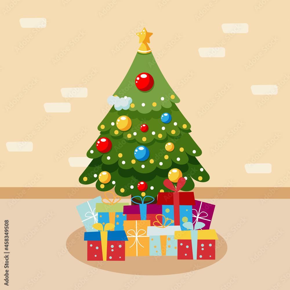 Naklejka premium Beautiful festive Christmas tree, decorated with balls, snow, gifts under the tree. New Year's content. Christmas.