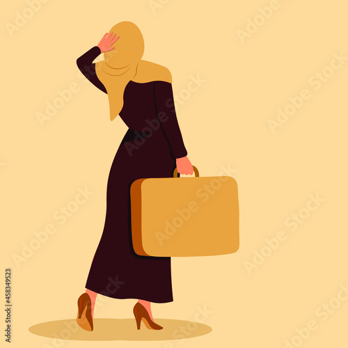 arabic muslim woman travel to Expo 2020 UAE. In the black beautiful abaya and hijab from united arab emirates or Saudi Arabia. Young faceless islamic emirati model