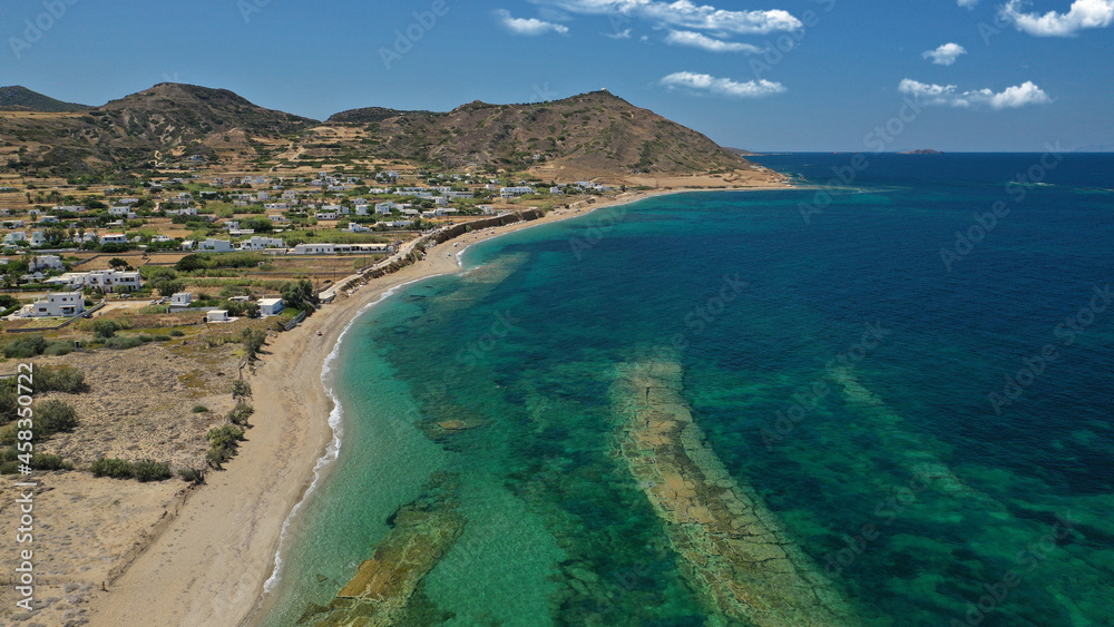 Aerial drone photo of paradise sandy emerald beach of Girismata, Aegean sea, Skiros island, Sporades, Greece