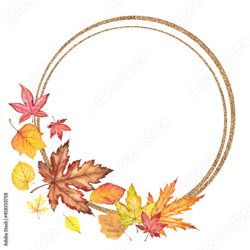 Gold round frame with colorful autumn leaves. Watercolor illustration on white background.