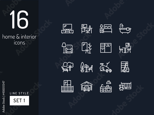 Set 1 of home room types on the black background. Home and interior linear icons to use in web and mobile app.